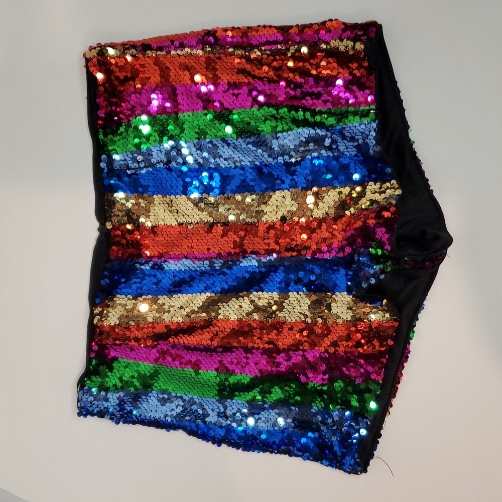 High waist rainbow sequin shorts
